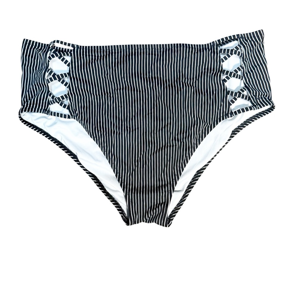 SHADE & SHOTE Black and White Striped High-Waisted Bikini Bottom Size XXL
